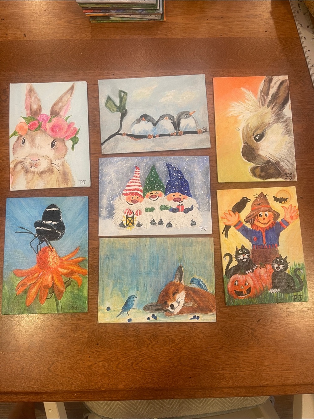 Hand Painted 7 Acrylic Whimsical Seasonal Canvas Panels 5x7”